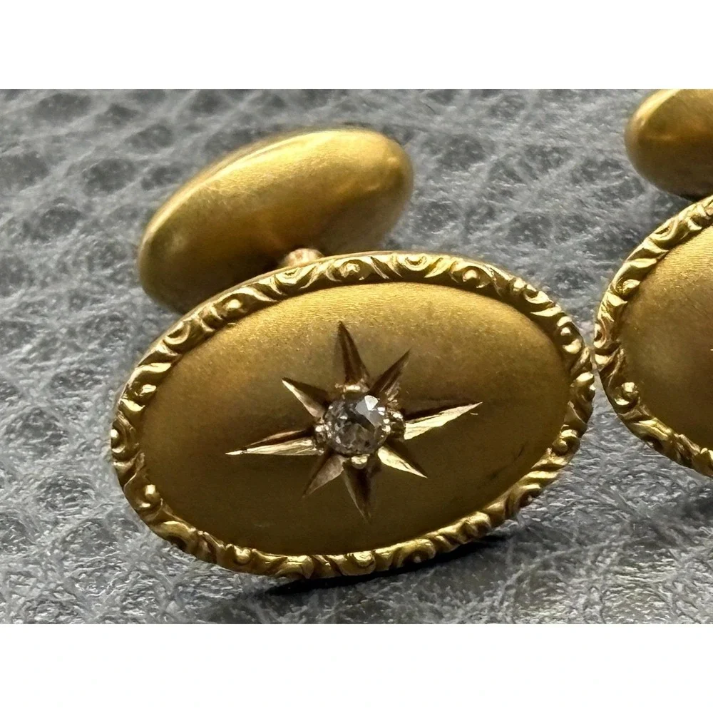 VTG Victorian 14K Solid Yellow Gold Genuine Diamond Star Starburst Cufflinks